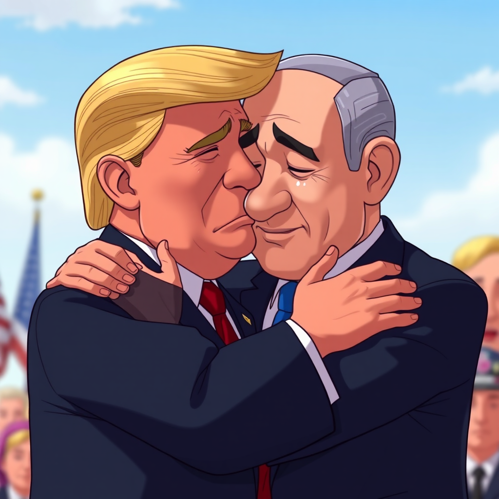 President Trump hugs Netanyahu while crying.