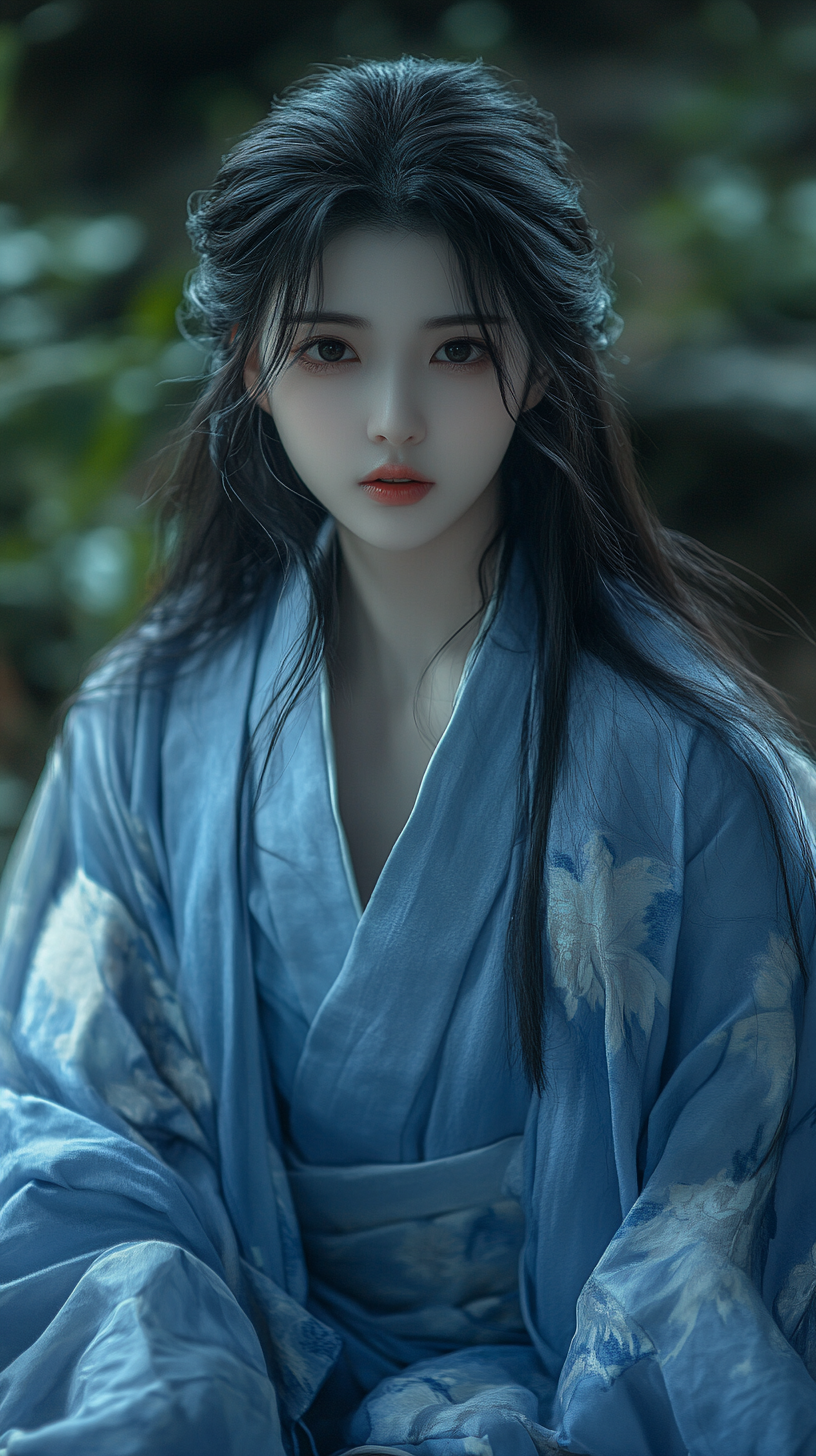 Princess in Blue Robe Smiling in Enchanted Forest