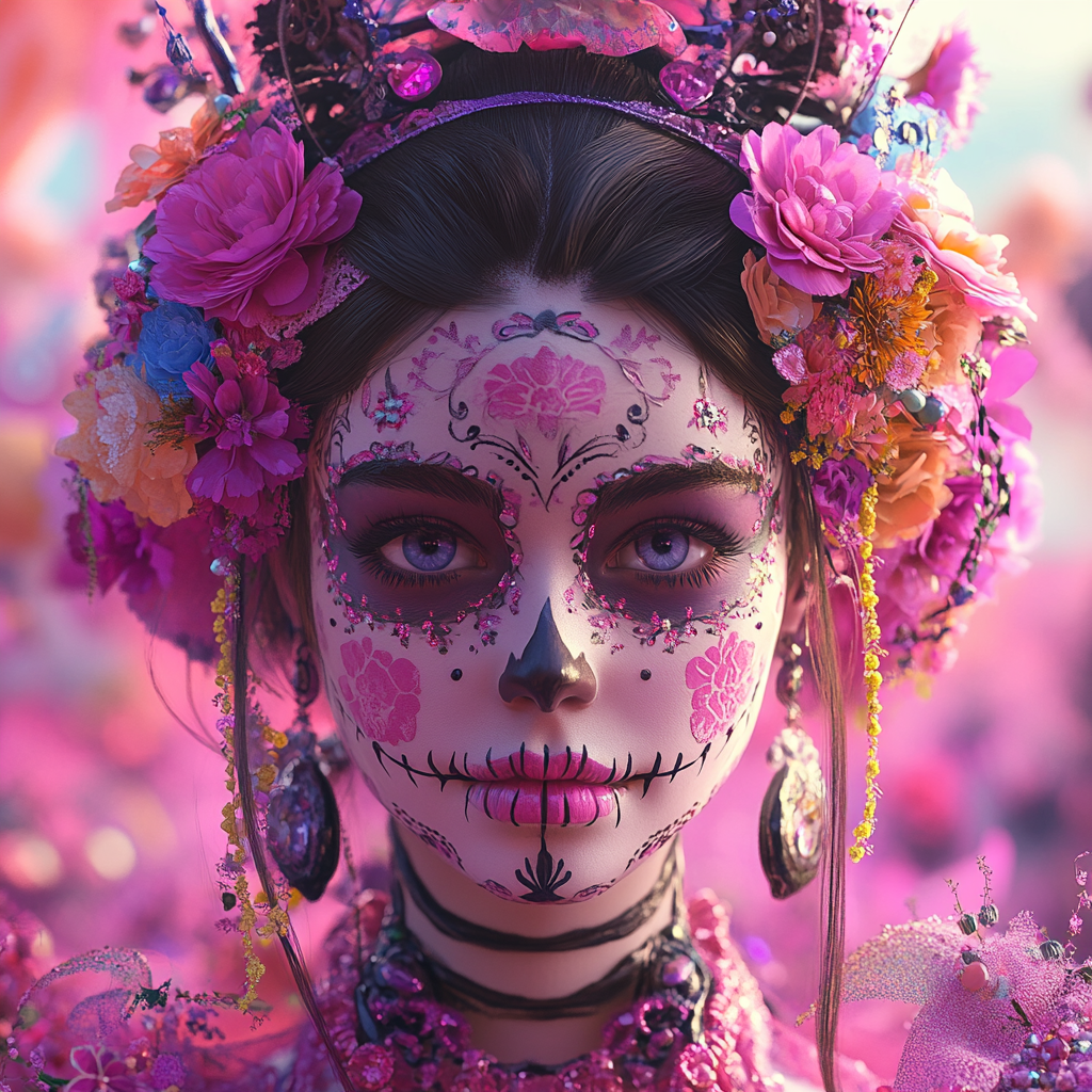 Princess in Dia de los Muertos-themed magical illustration.