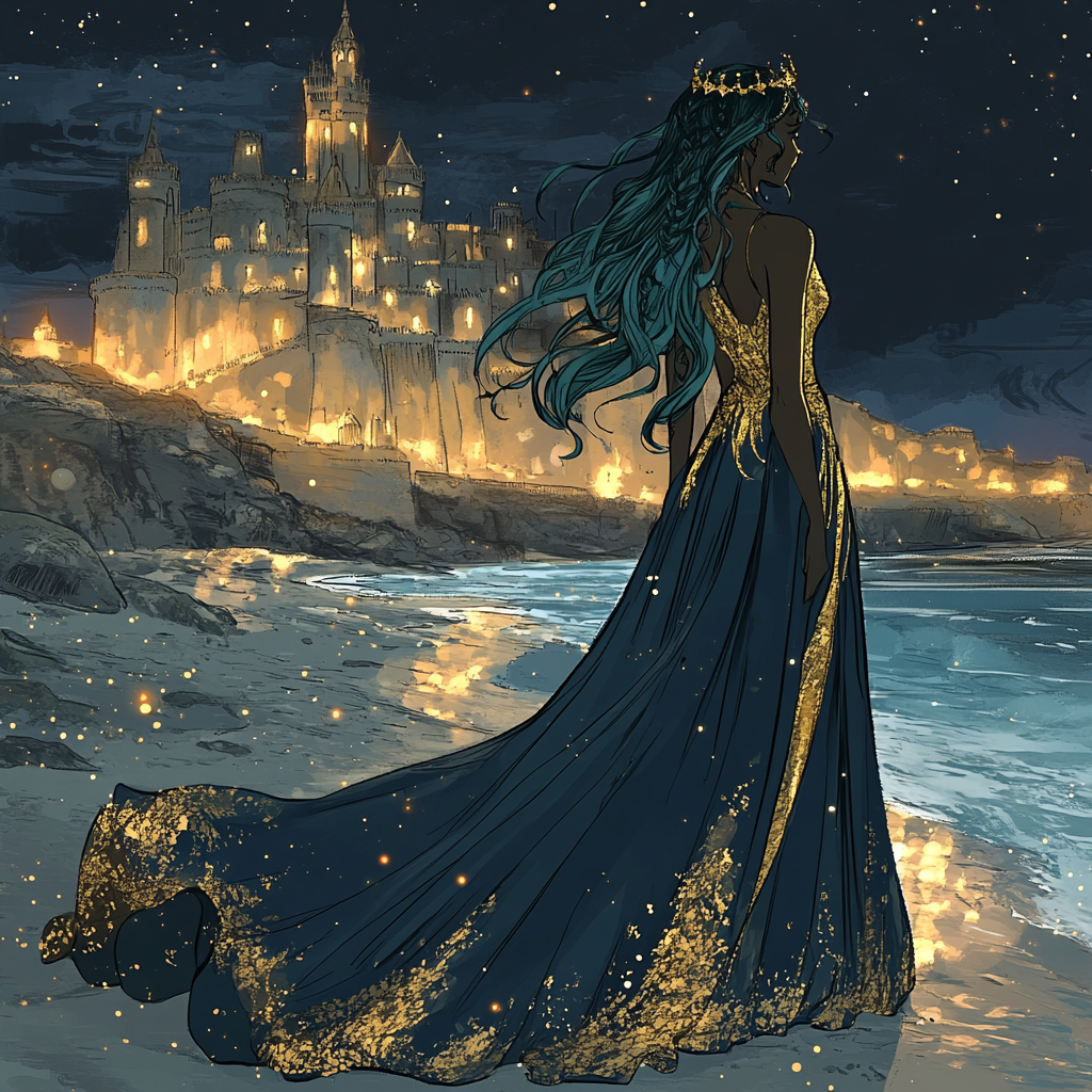 Princess with teal hair walks by seaside castle at night