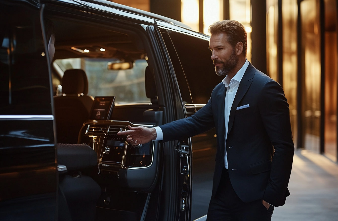 Professional Driver Welcoming into Luxurious SUV Interior