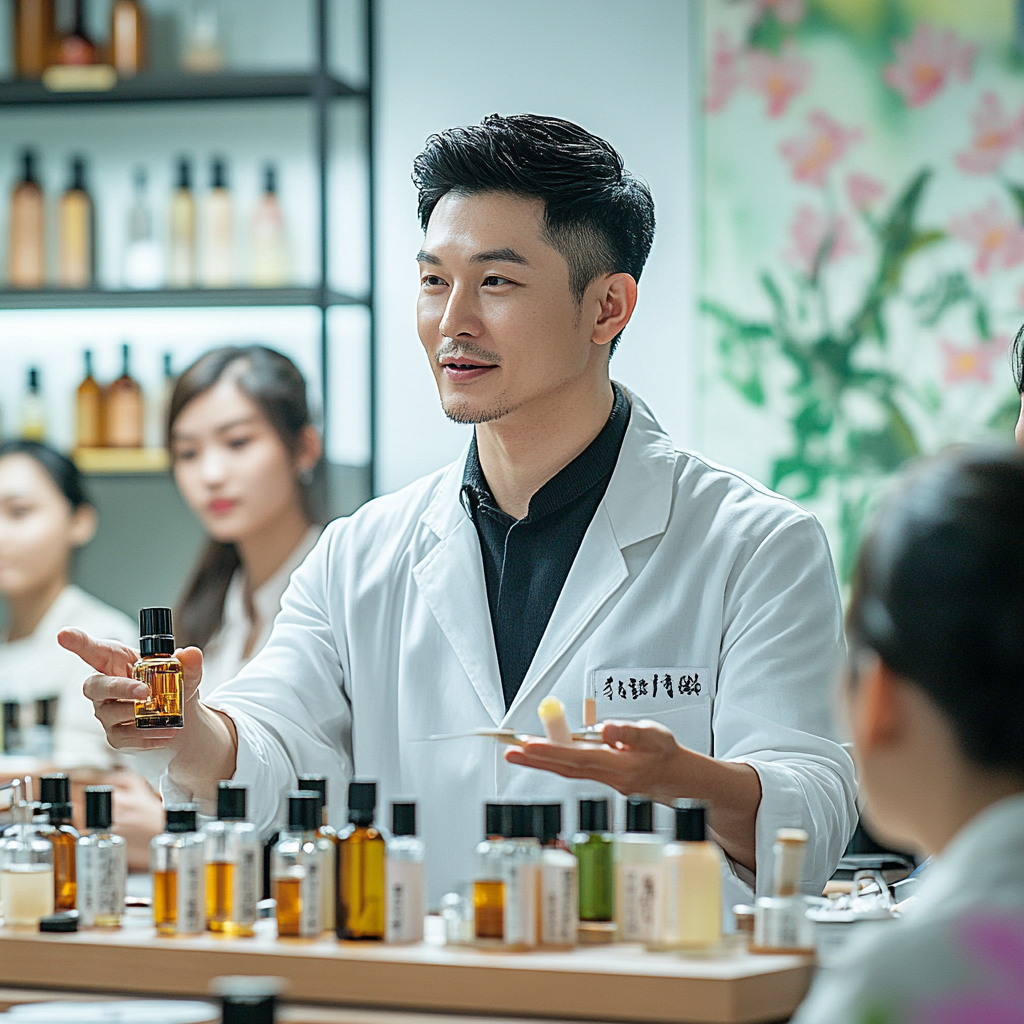 Professional Taiwanese instructor guides students in perfume blending class.