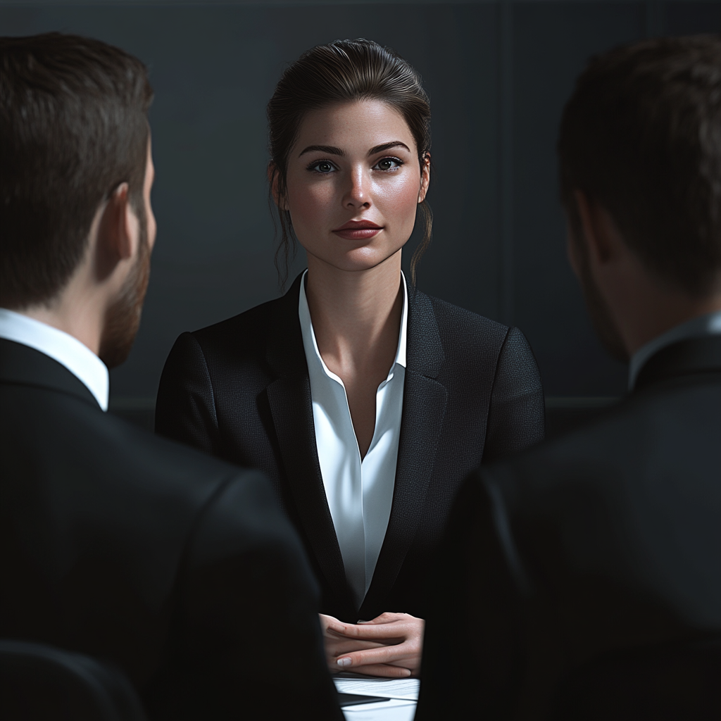 Professional business presentation with attentive interviewers, black theme.