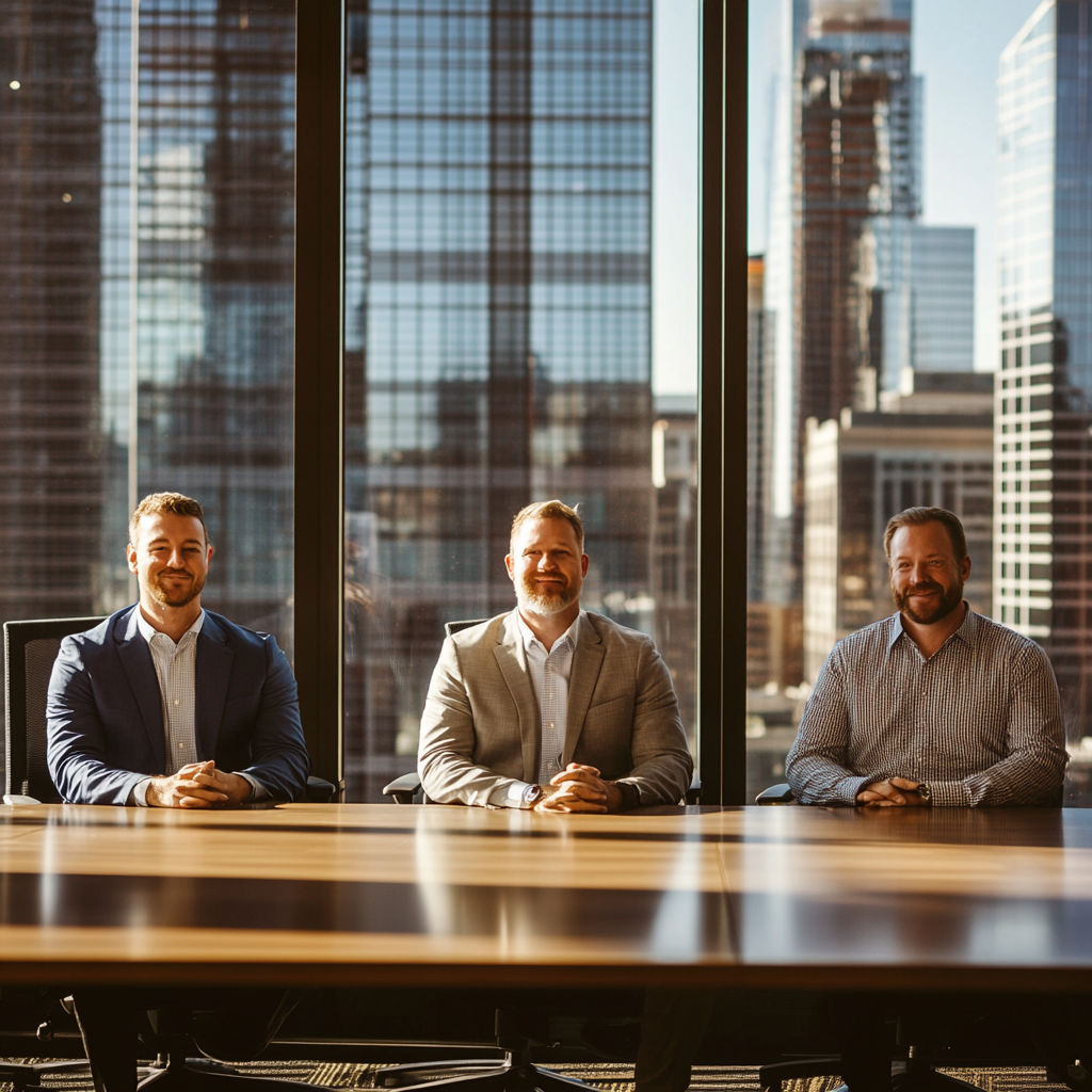 Professional executives in navy and beige at conference table