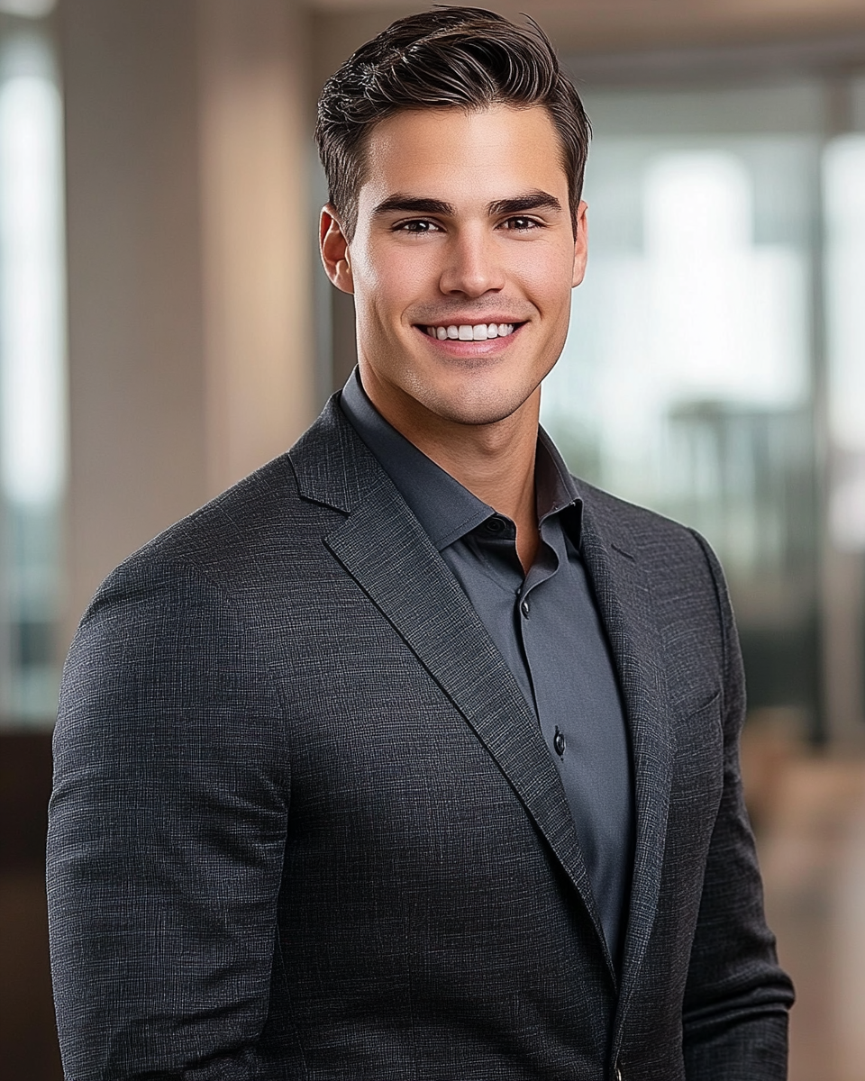 Professional man in suit smiling, office background