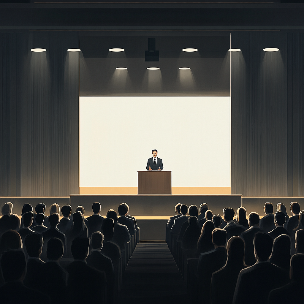 Professional speaking to audience in modern conference hall