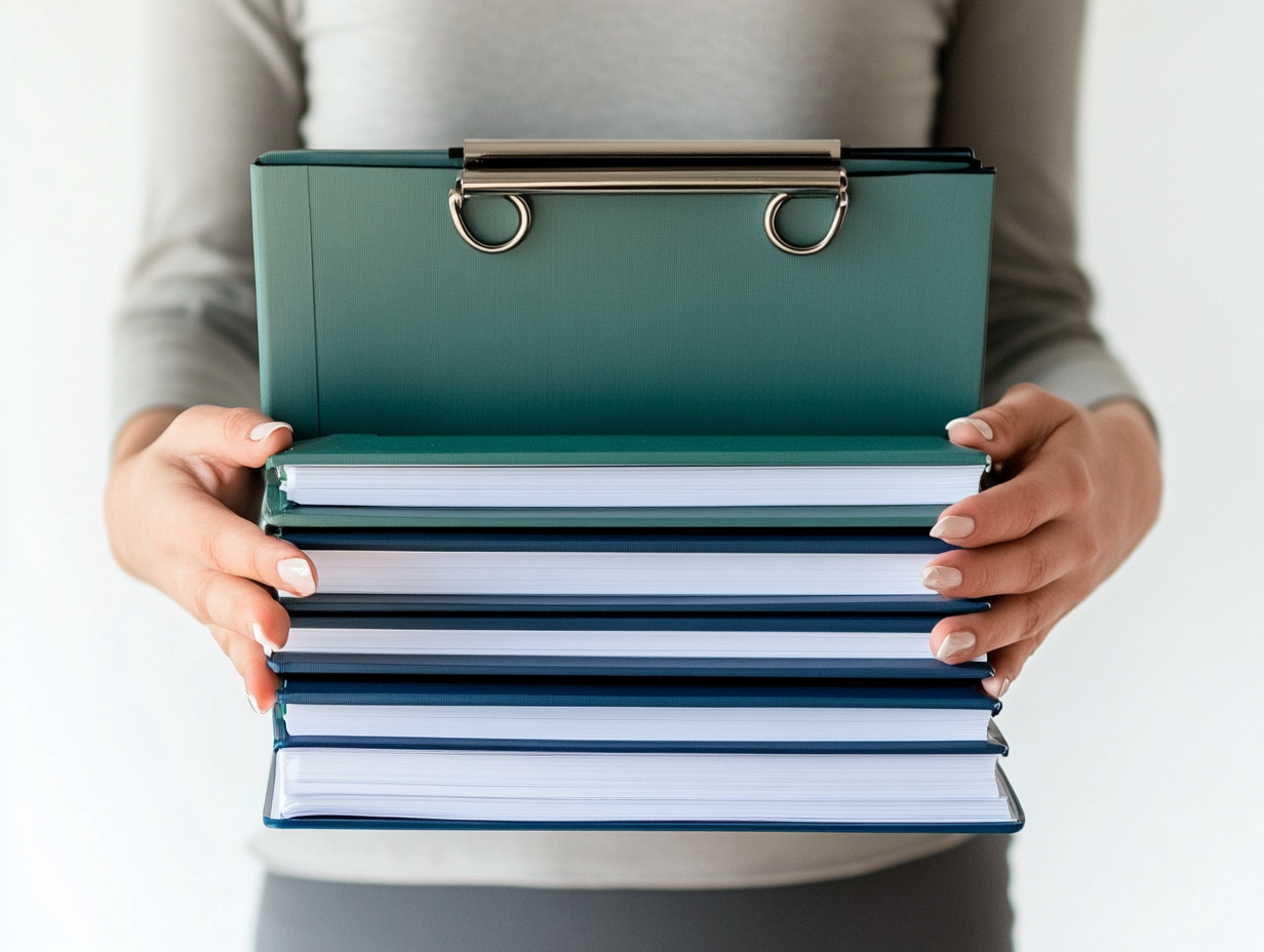 Professional woman with office stationery on white background.