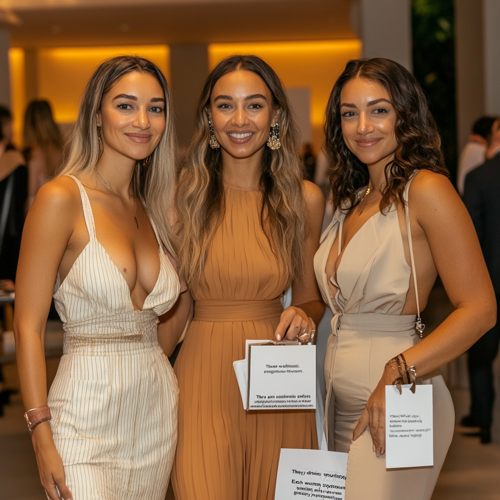 Professional women in elegant attire at upscale event.