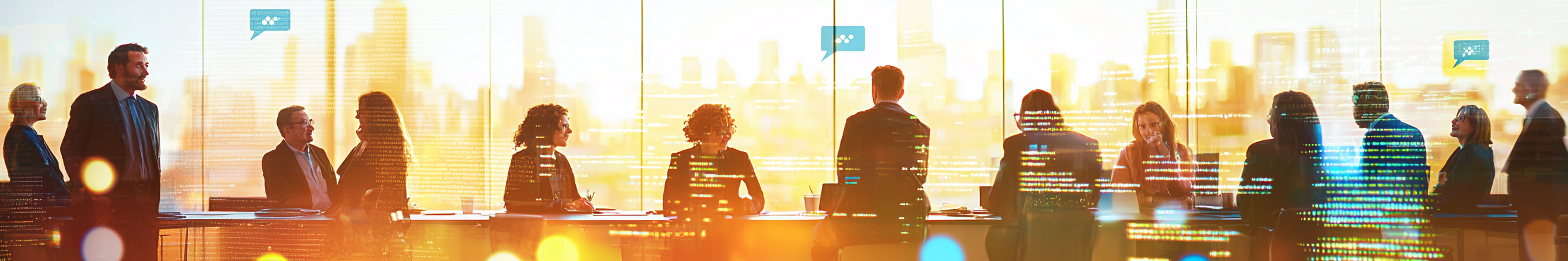 Professionals discussing at conference table with city backdrop