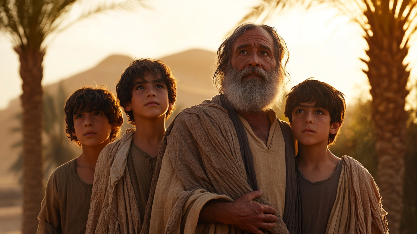 Prophet Noah and Sons in Desert at Sunrise