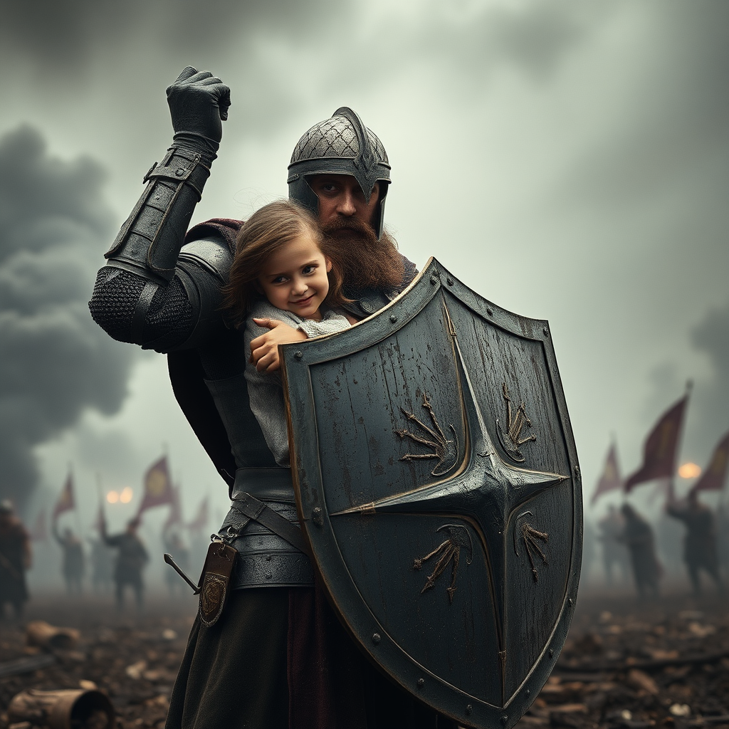 Protective Knight Shielding Daughter on War-Torn Battlefield