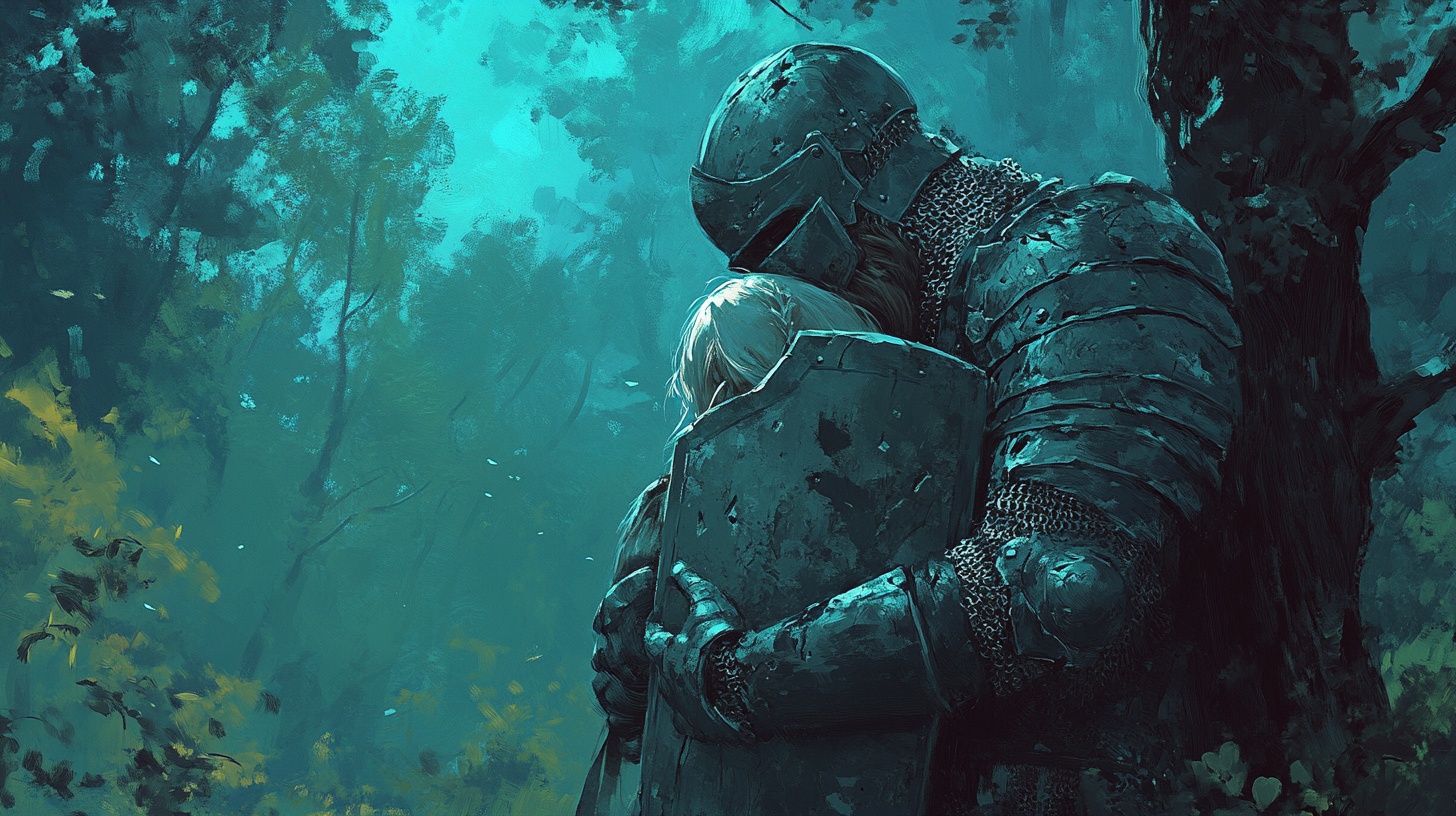 Protective knight guards frightened girl in eerie forest