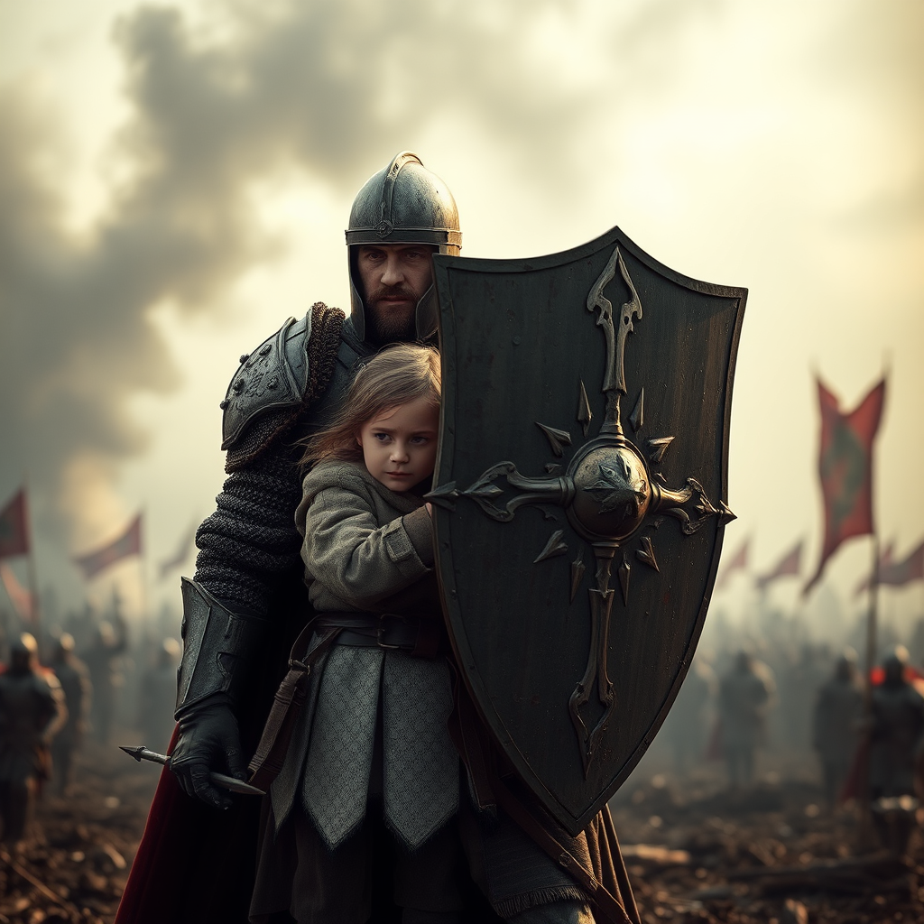 Protective knight shields daughter in war-torn battlefield.