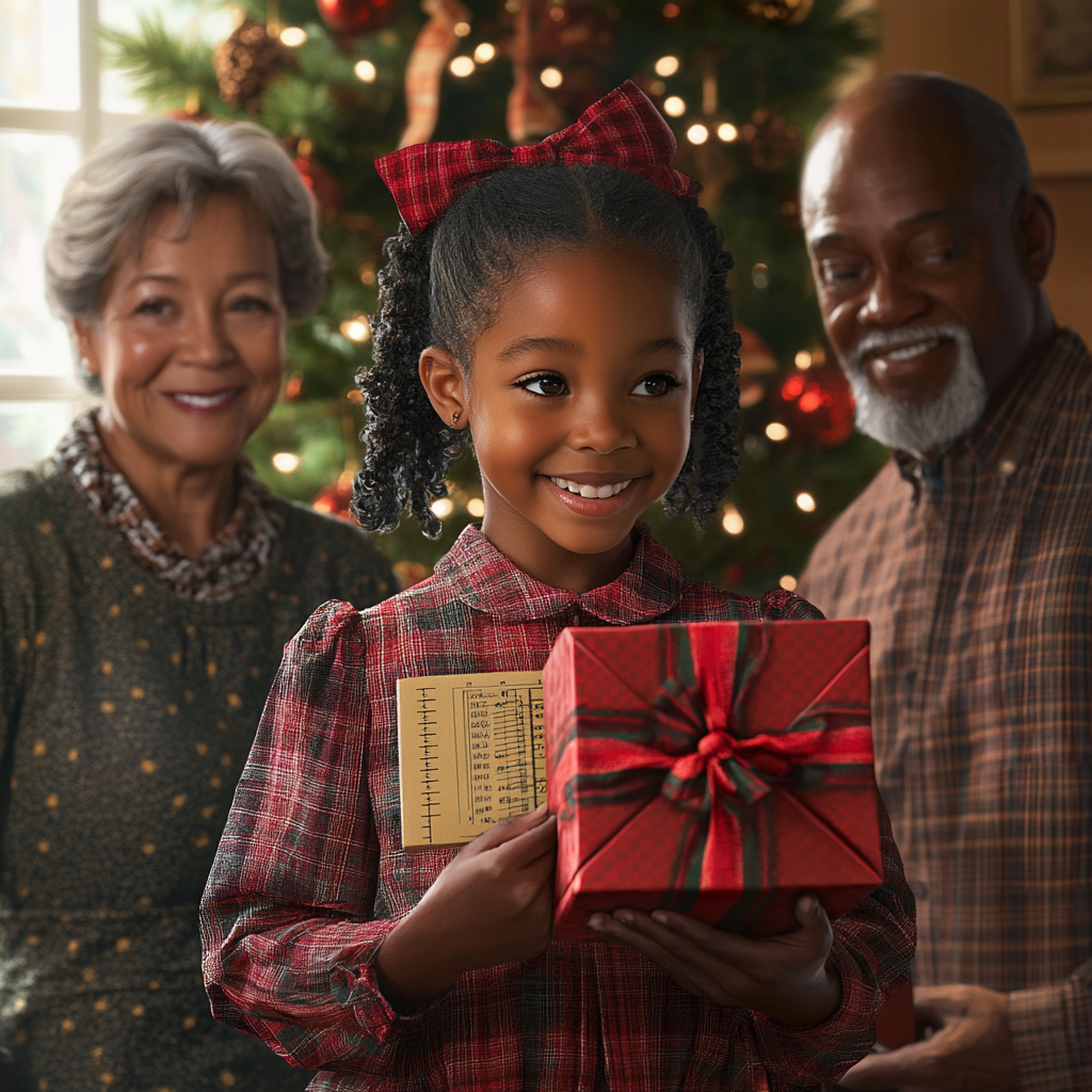 Proud parents watch girl with practical Christmas gift