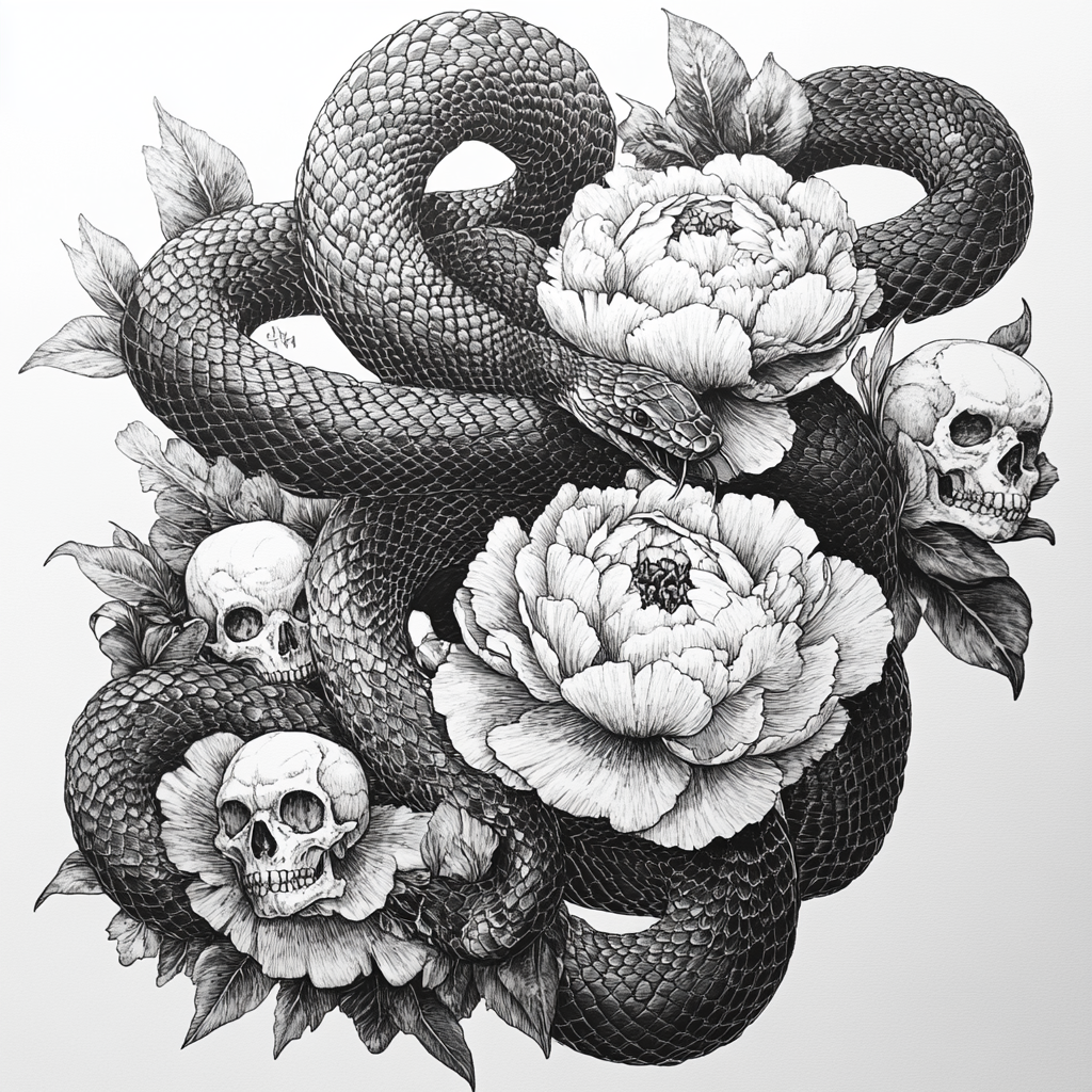 Psychedelic cobra with skulls in peonies, Akira inspired.