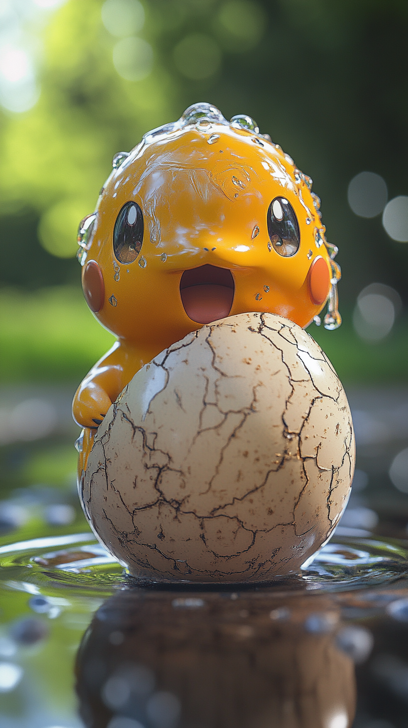 Psyduck emerges from egg looking confused, water droplets dripping.