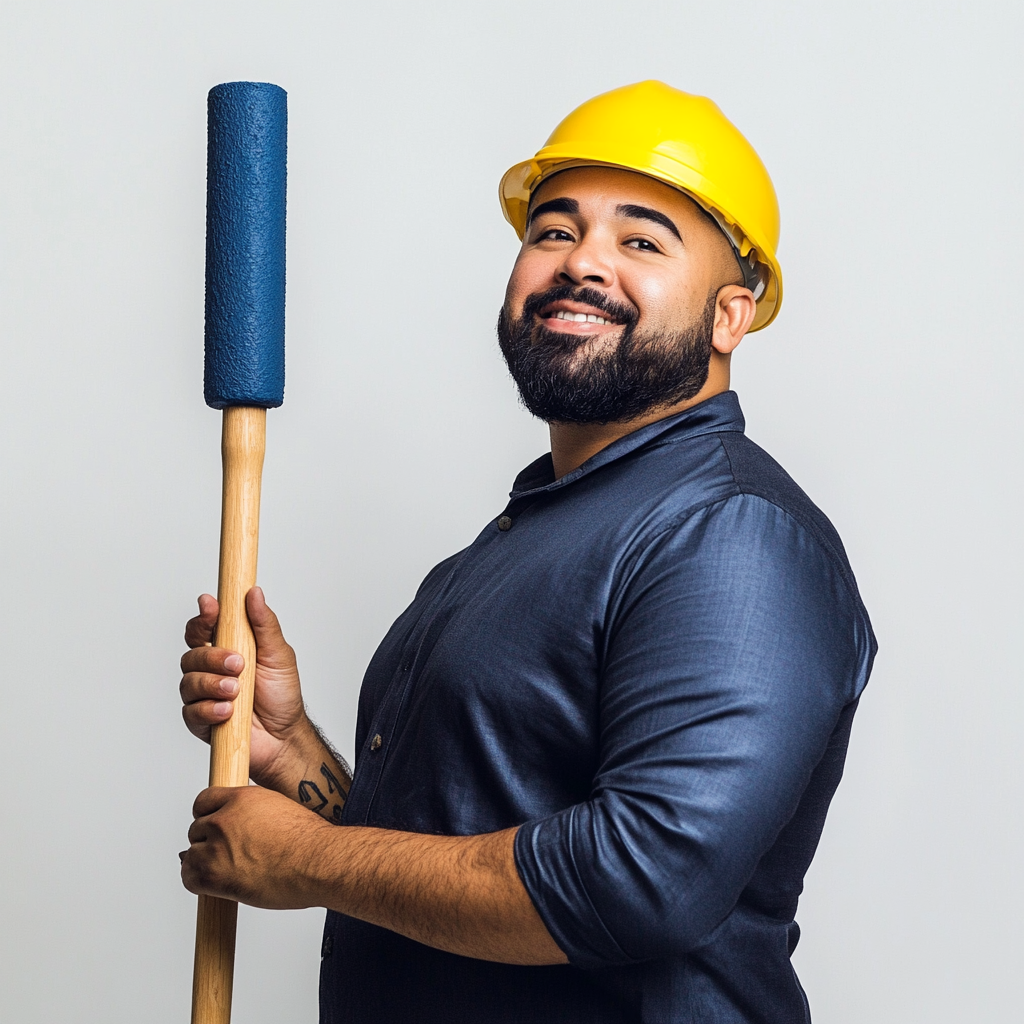 Puerto Rican man poses with paint roller happily