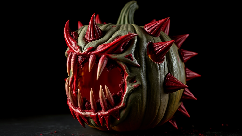 Pumpkin carved as Demogorgon with realistic, terrifying details.