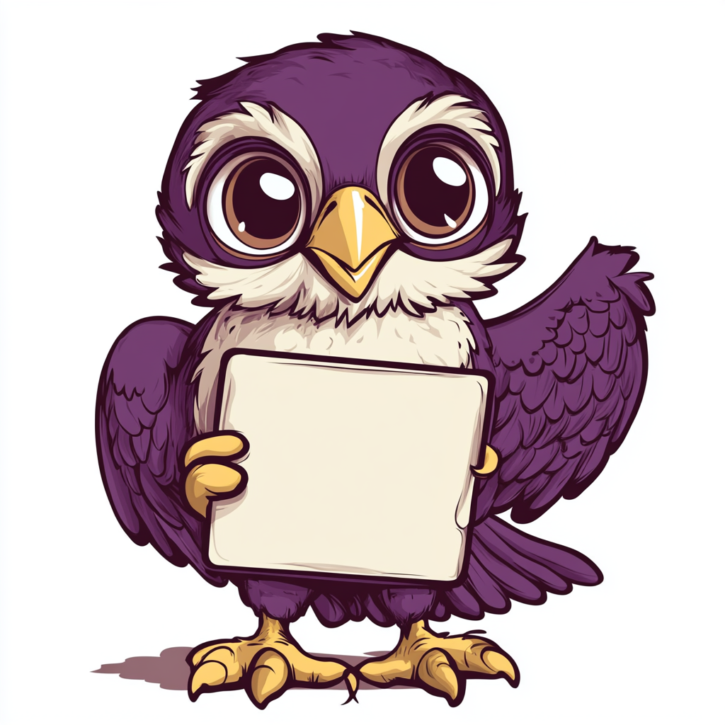 Purple Baby Hawk Mascot Holding Sign