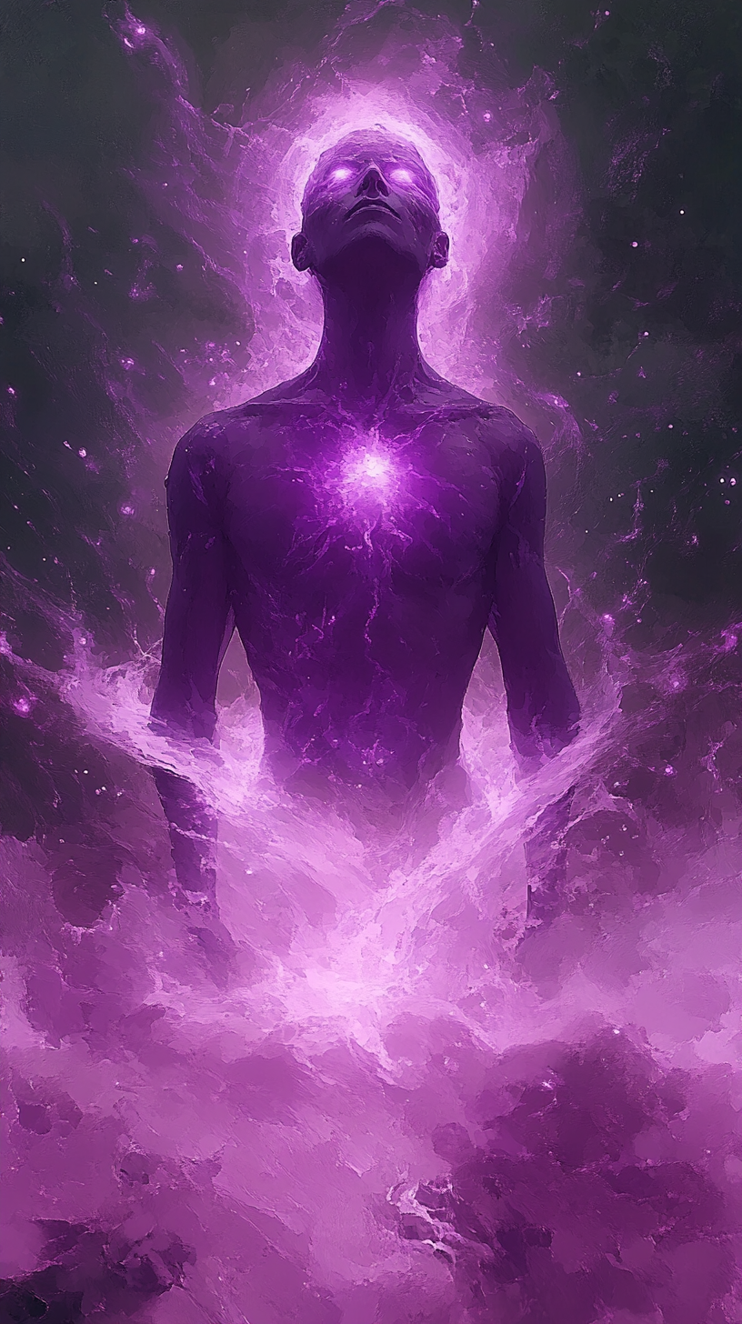 Purple Figure Meditating in Cosmic Energy Halo.