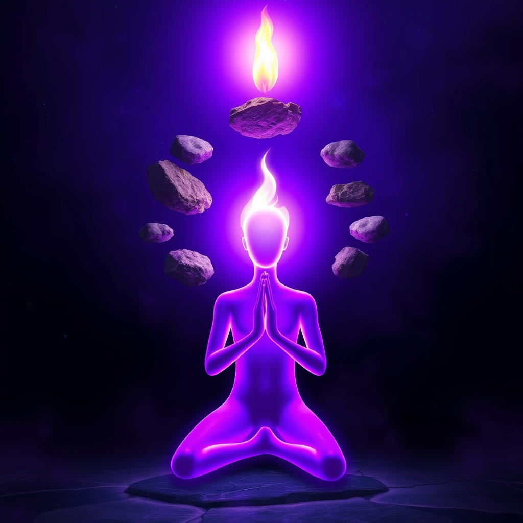 Purple figure with glowing rocks, praying in light.