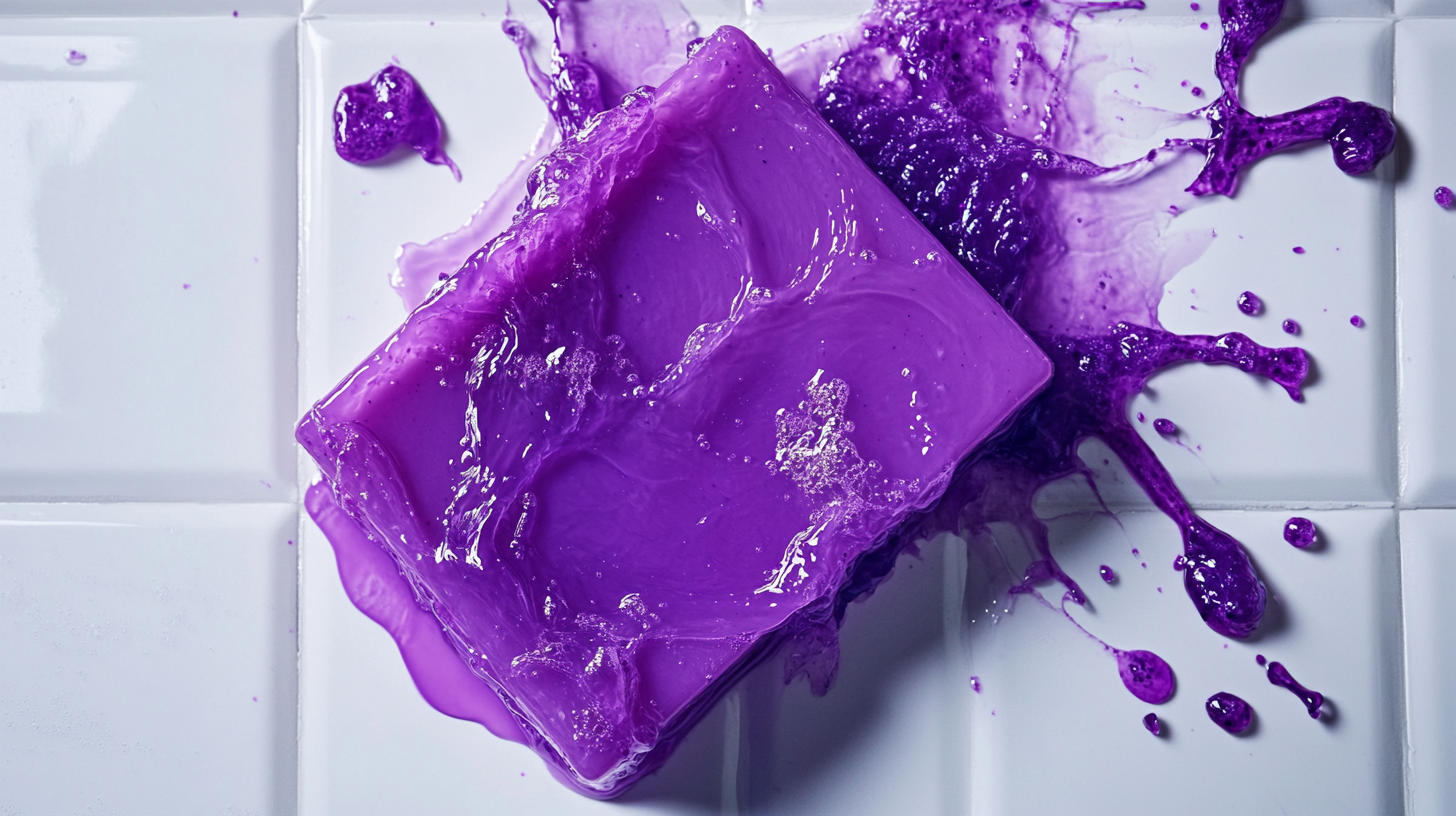 Purple soap bar with colorful water pouring out.