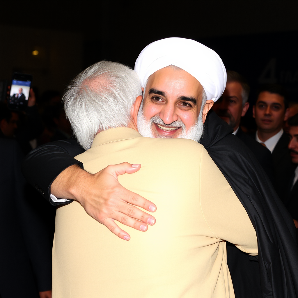 Qassem Soleimani happily embraces a friend.