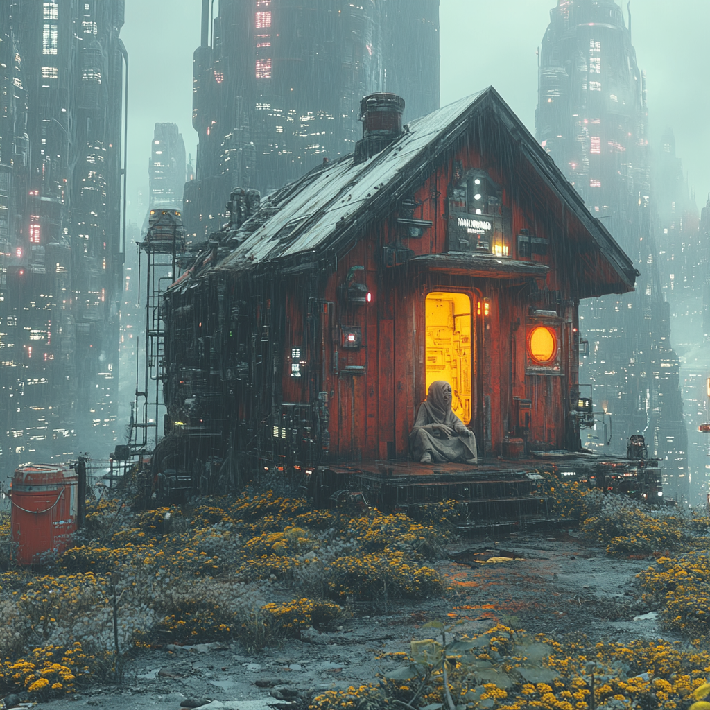 Quaint cabin in futuristic city with Jar Jar Binks