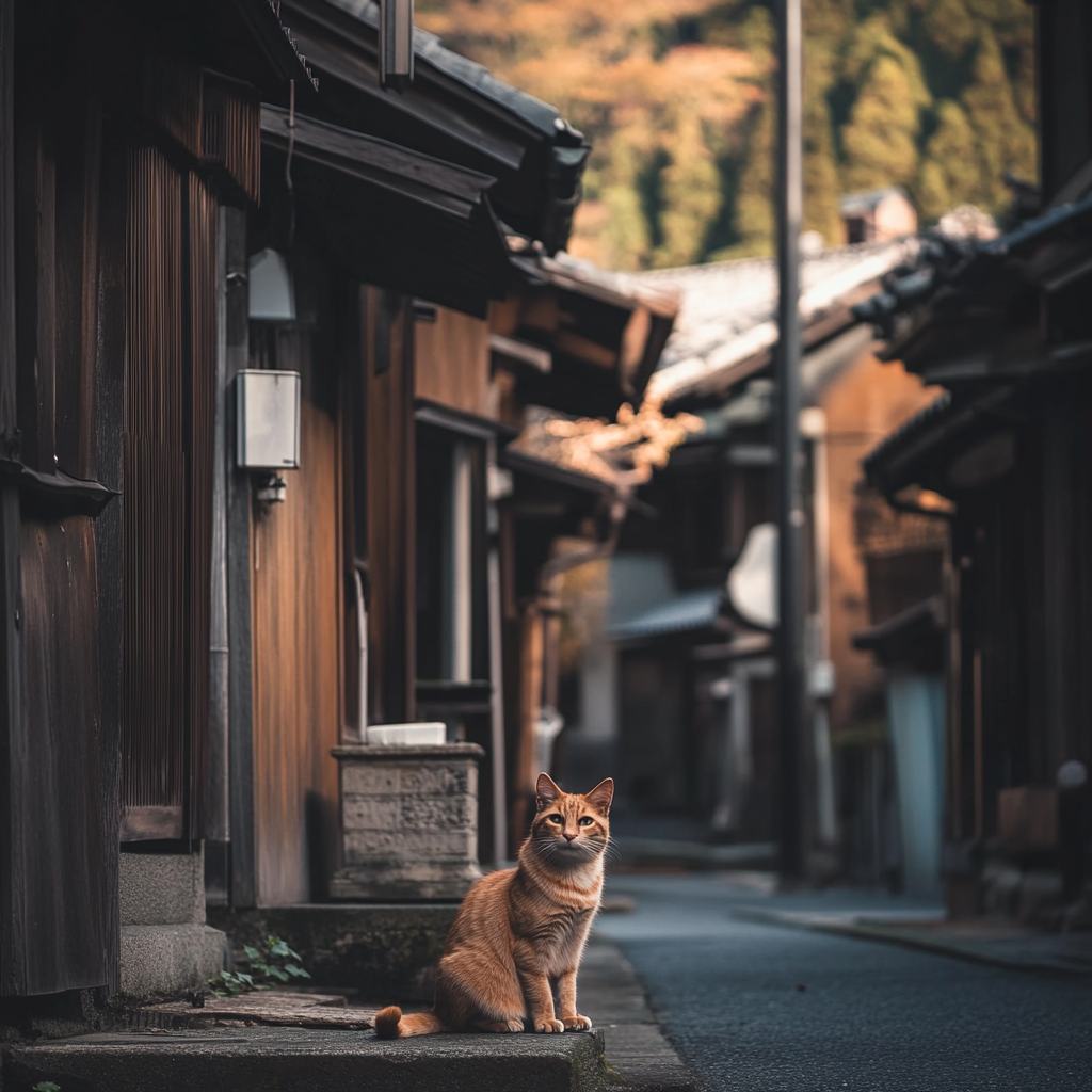 Quiet Japanese village house in autumn, photorealistic image.