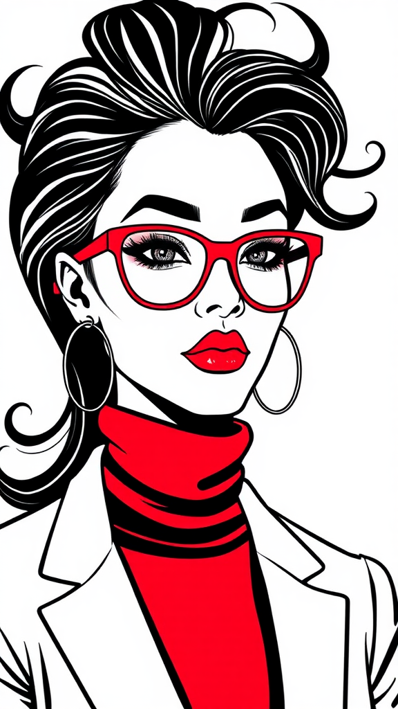 Quirky Woman in Black, White, Red Illustration