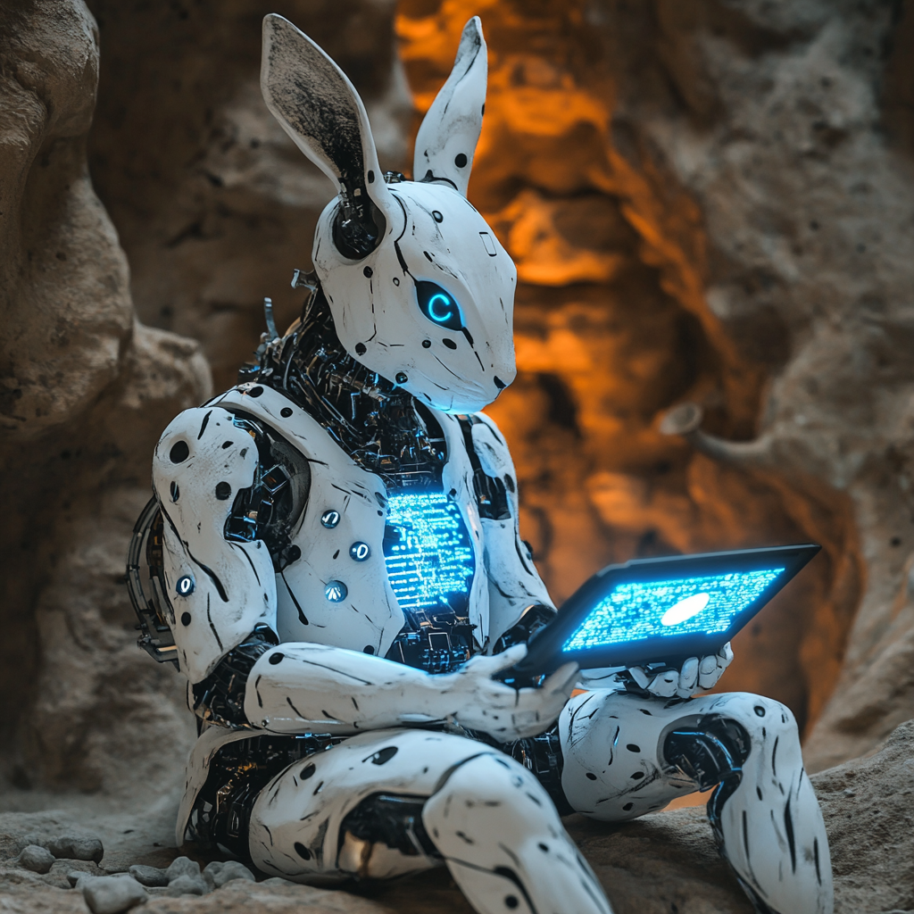 Rabbit Robot Coding in Prehistoric-Futuristic Cave