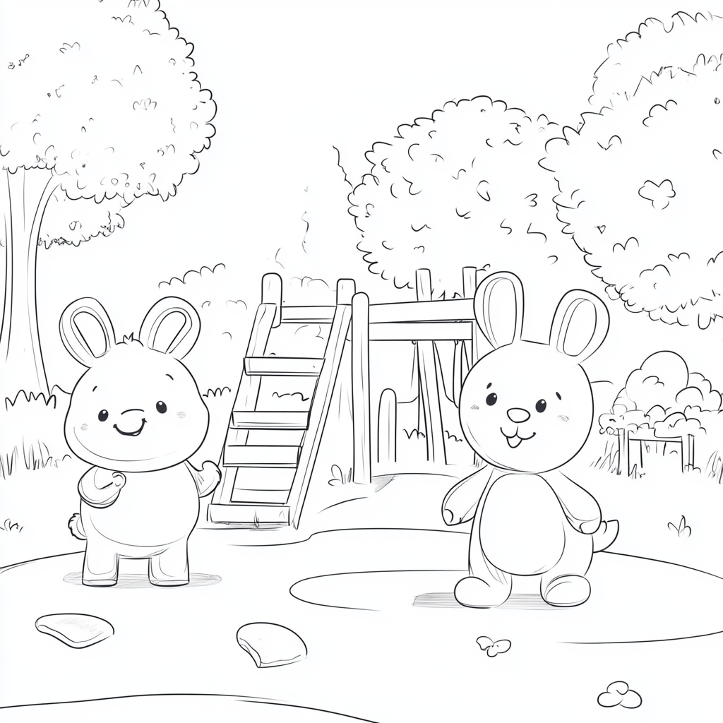 Rabbit and Bear on Playground Coloring Page