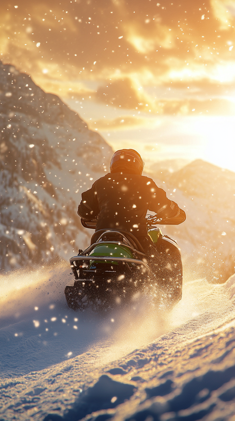 Racing Snowmobile in Swiss Alps at Sunset