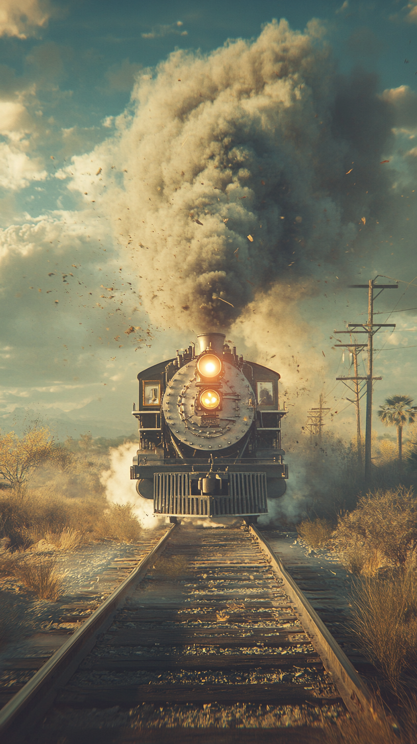 Racing Steam Train on Transcontinental Railroad.