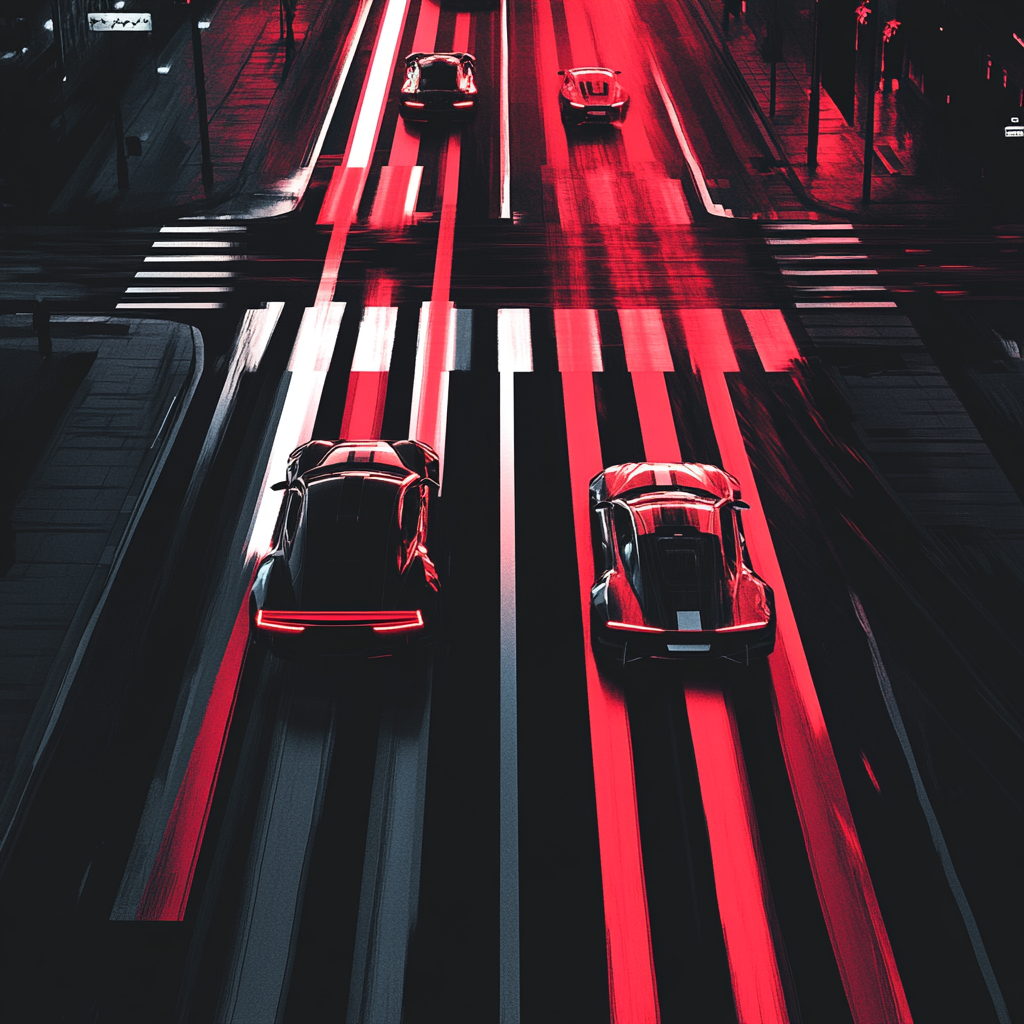 Racing sports cars on city street at night