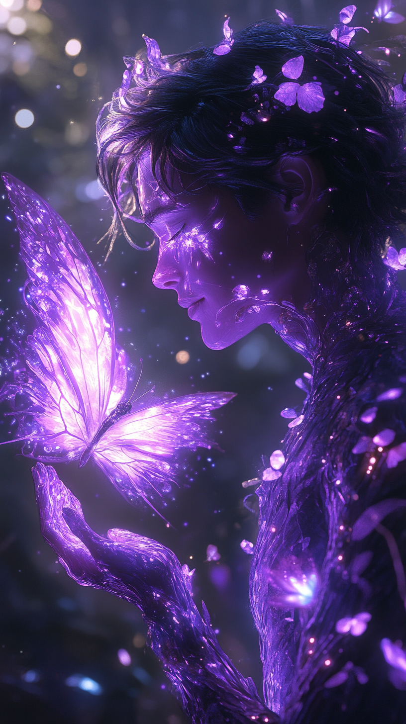 Radiant Purple Figure with a Glowing Butterfly