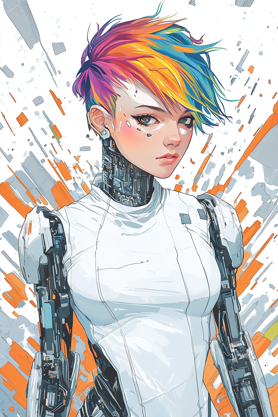 Rainbow-haired Cyberpsycho girl in cyberpunk world chaos.