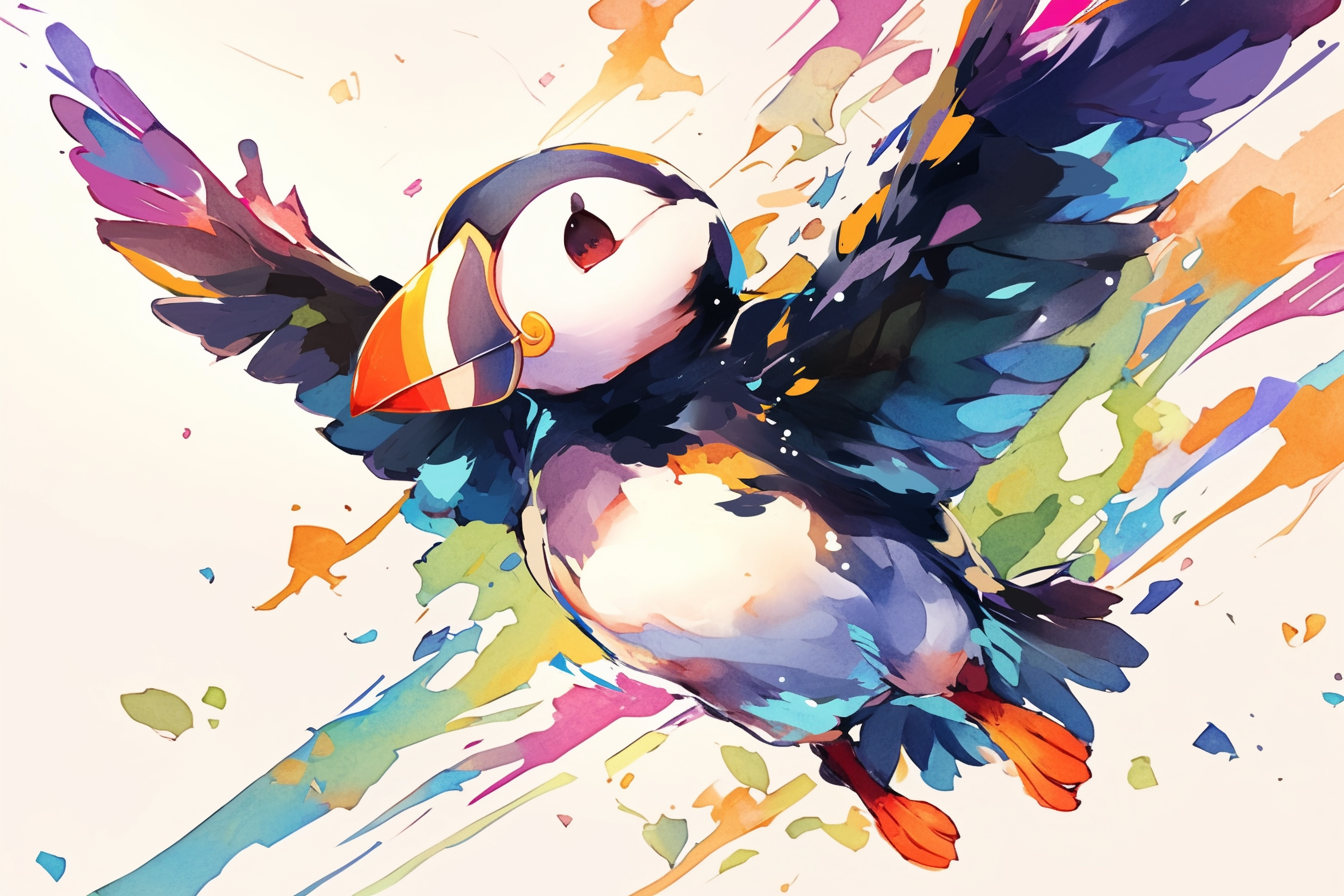 Rainbow puffin Pokemon flying with rainbow guns