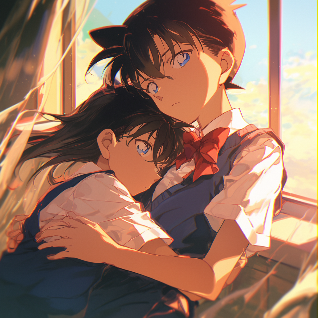 Ran hugging girl Conan in school setting