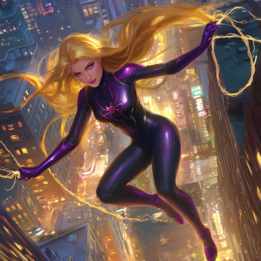 Rapunzel as Spider-Woman, swinging with golden silk hair.