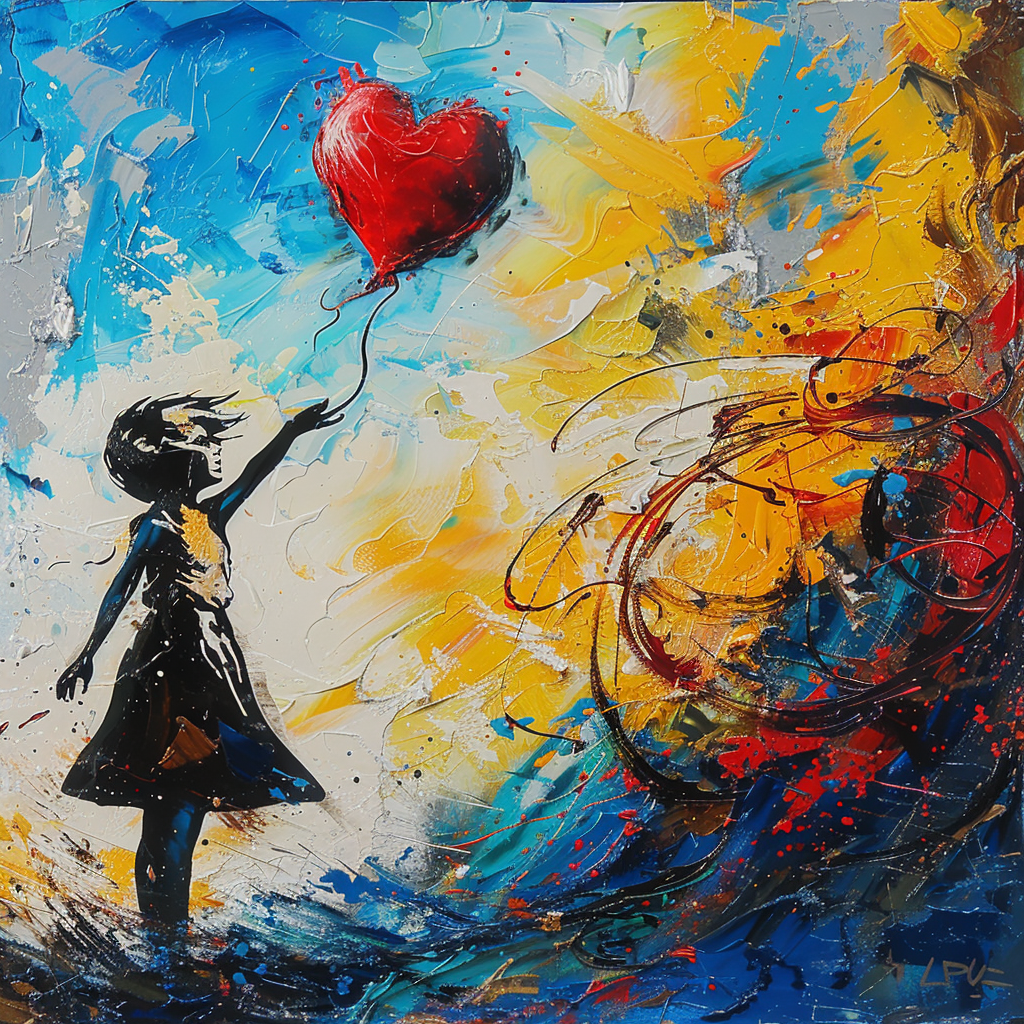 Reaching for Heart Balloon: Vibrant Street Art