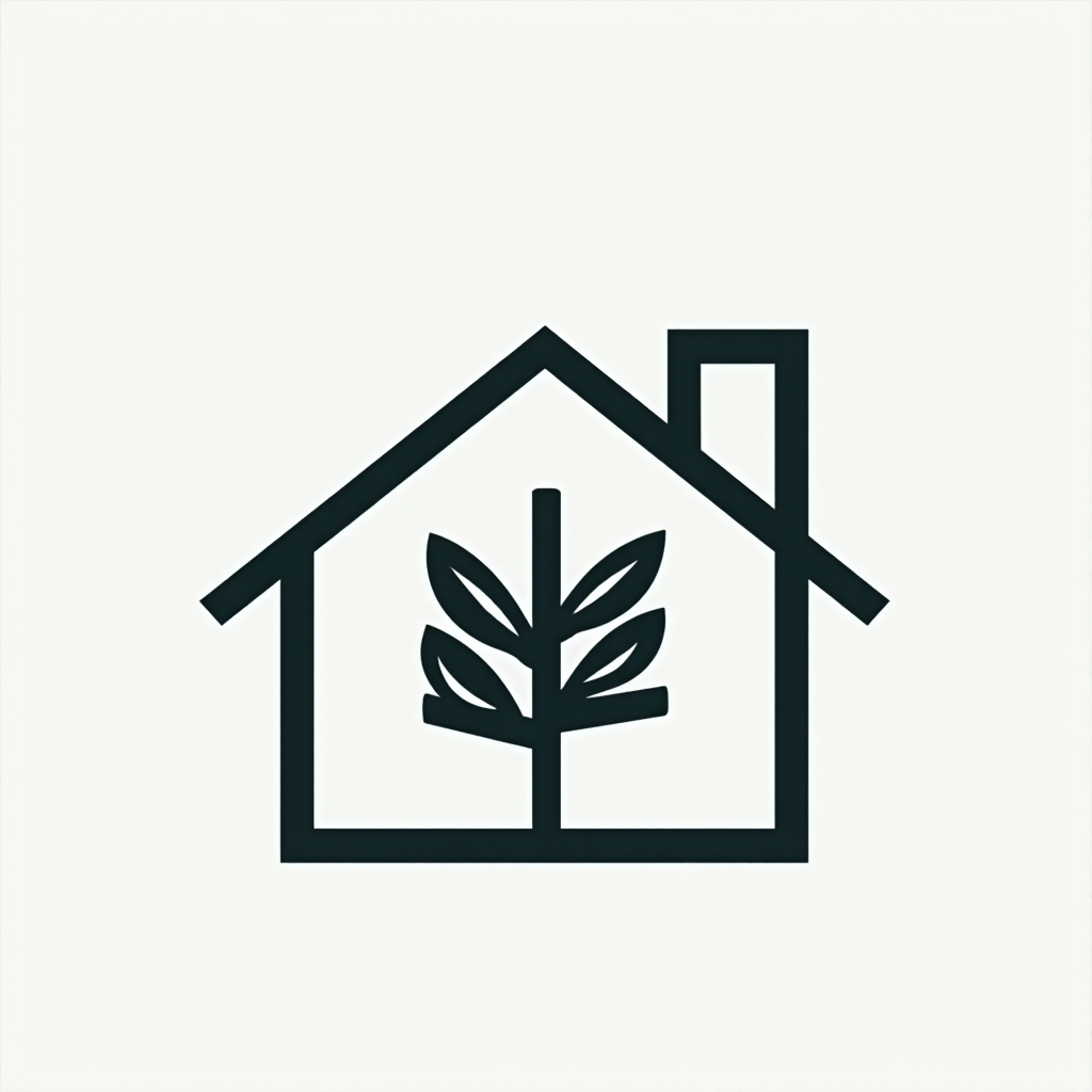 Real Estate Logo with House, Trees, Sunshine