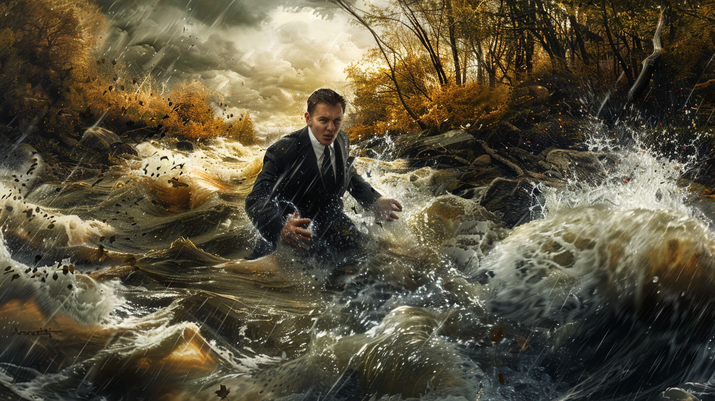 Real estate agent in suit fights river current bravely.