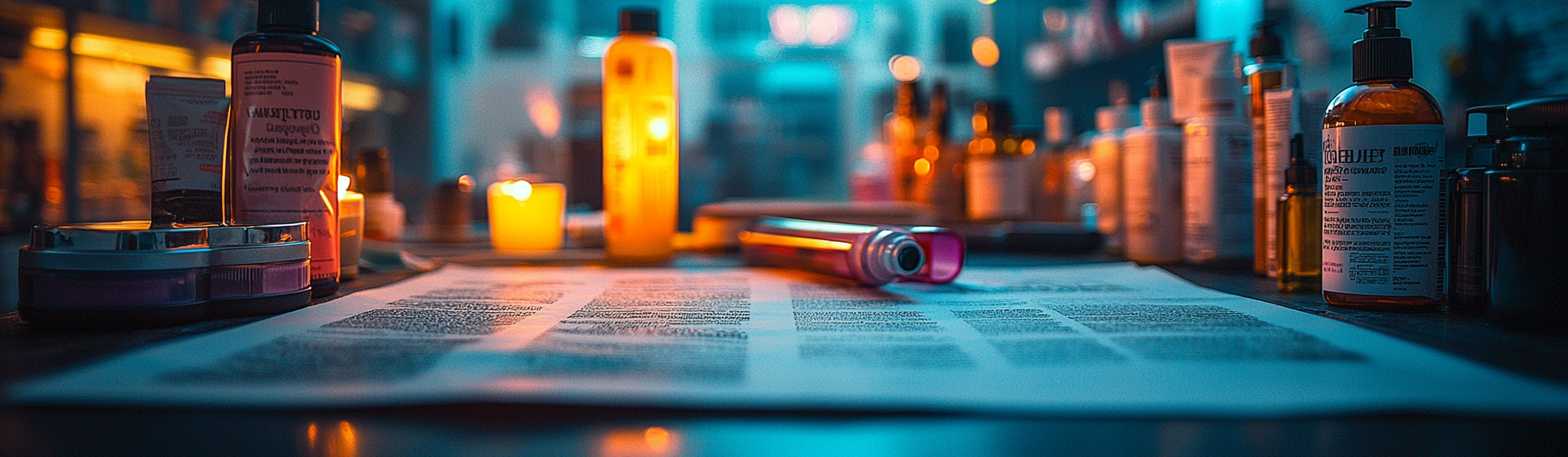 Realistic close-up table with messy products, organized catalog.