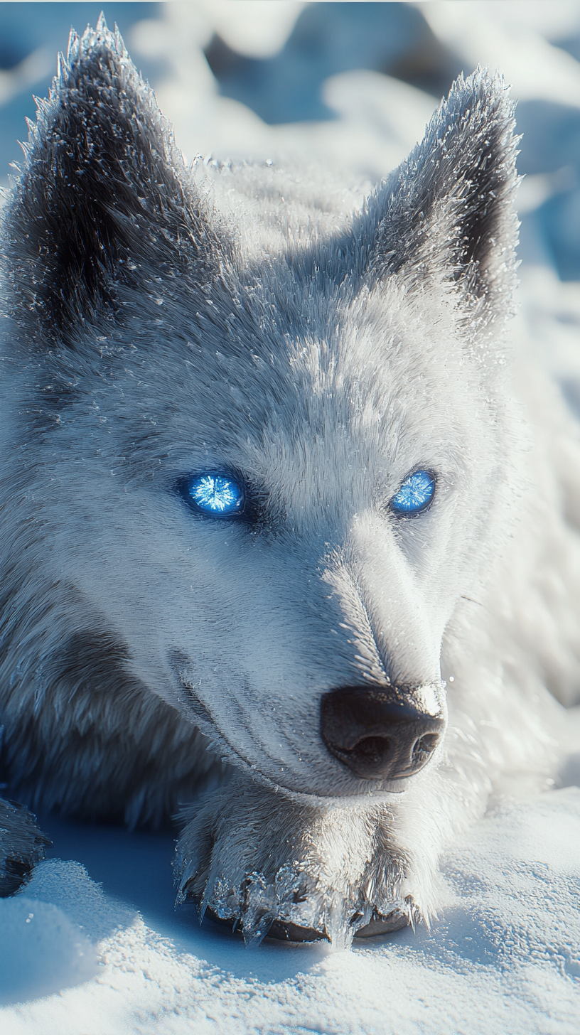 Realistic dog with ice powers, light blue fur, crystal patterns, eyes, ice shards floating, winter background.