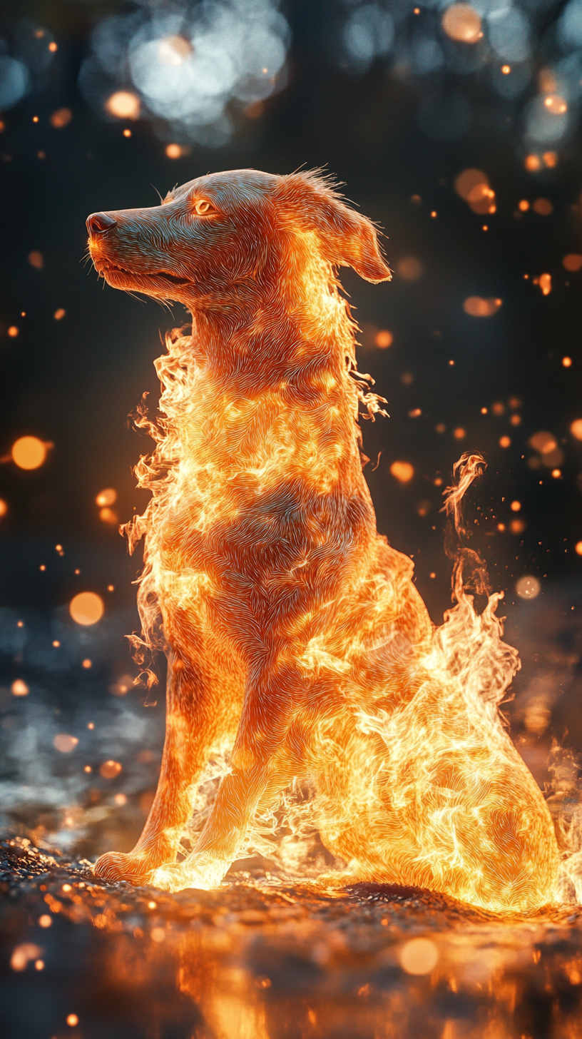 Realistic dog with powers of elements, dynamic fusion body.