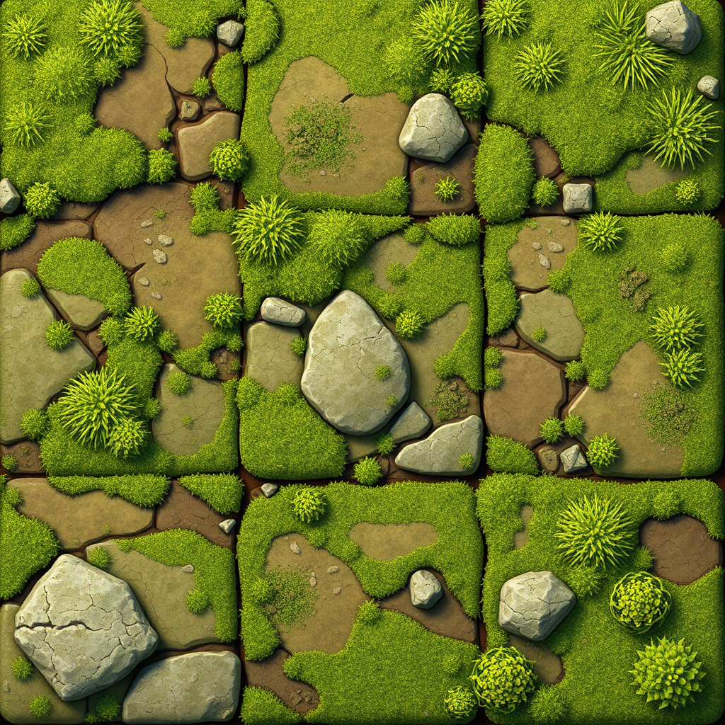 Realistic grass and rock tiles for video game.