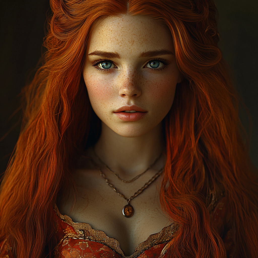 Realistic medieval fantasy princess with fiery red hair