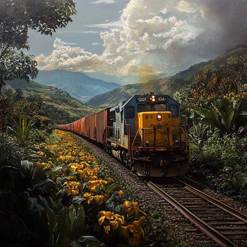 Realistic photo of train with cargo in landscape viewing