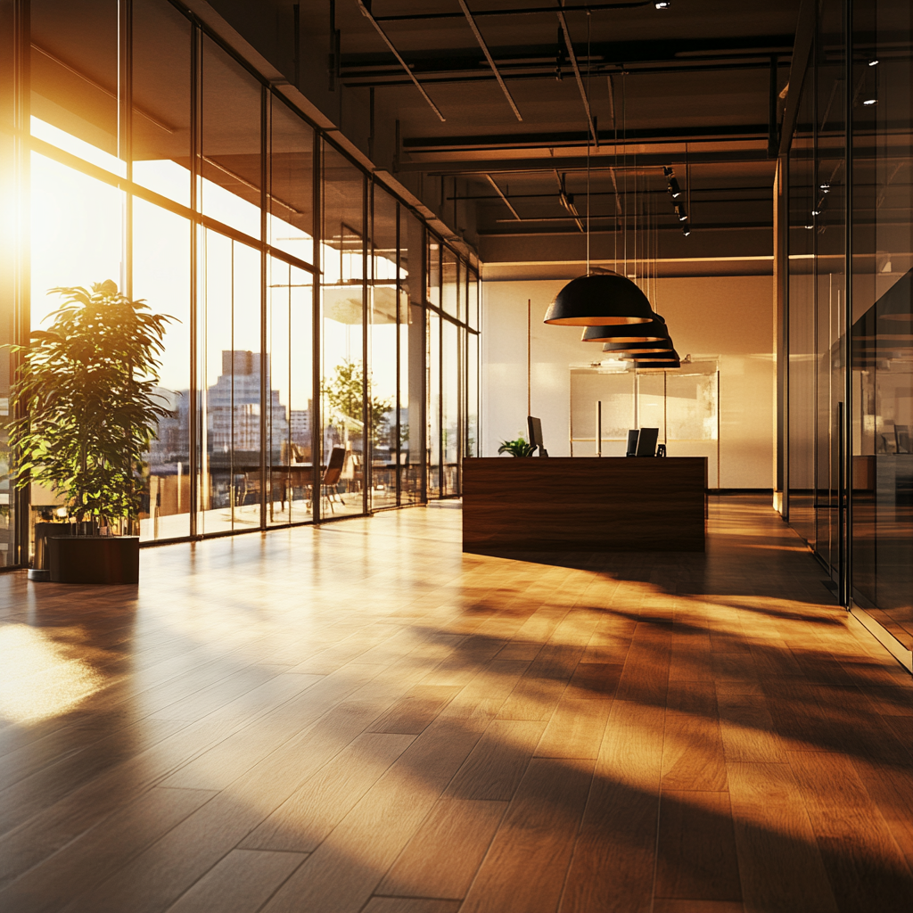 Realistic showroom space with dark oak wooden flooring.